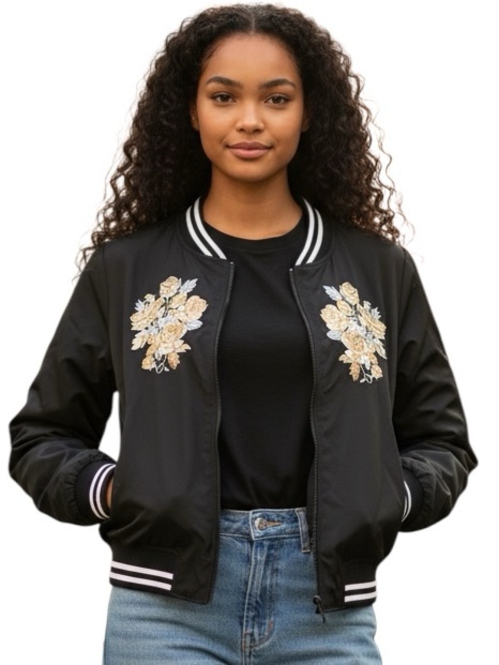 CHELSEA & VIOLET: Floral Embroidered Bomber Jacket - Size Medium
